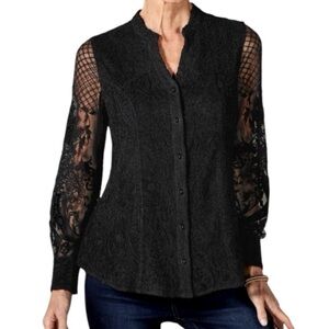 Soft Surroundings Fiori Black Lace Top Button Down Blouse sheer Sleeves Woman 1X